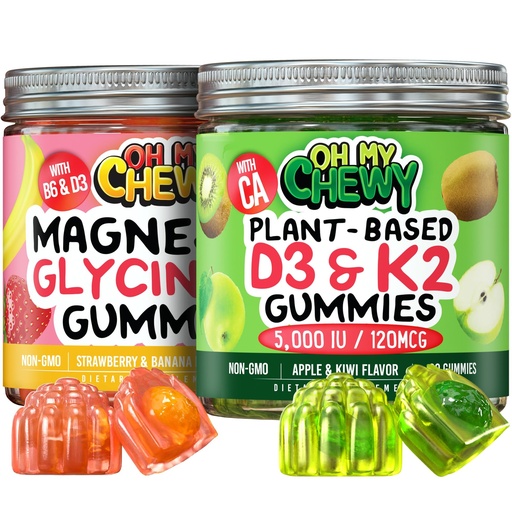[BRSRAGT5DEPWYYDH] OH MY CHEWY Magnesium + D3K2 Gummies Bundle – 2 Bottles (60 Each) – Strawberry Banana & Apple Kiwi