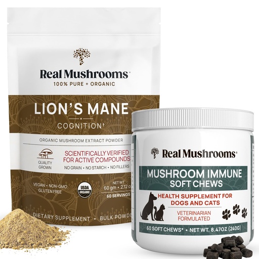[BRSRMYDYBZYWECQV] Real Mushrooms Lions Mane Powder for Humans (60g) & Mushroom Immune Pet Chews (60ct) - Bundle for Cognition & Immunity - Ashwagandha, Astragalus & More - Vegan, Non-GMO, Gluten-Free, Grain-Free
