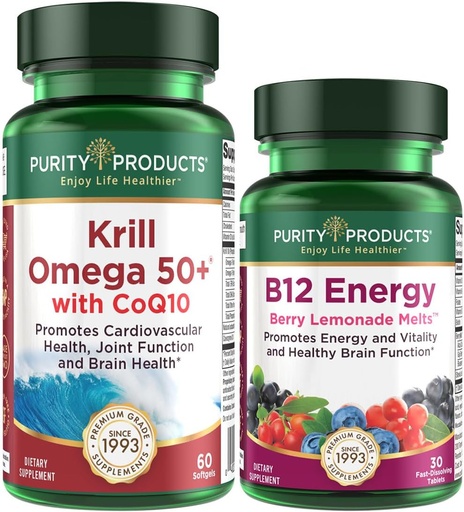 [BRSROEIPDIIGYCDX] Purity Products Bundle - Krill Omega 50+ con CoQ10 + B-12 Energy Melt - Krill Omega 50+ con CoQ10 (Krill Oil, Fish Oil, CoQ10, Vitamina D) B-12 Berry Melt (Methylcobalamin B12 + B6 + D3 + Más)