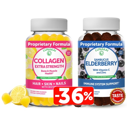 [BRSW2HALCJ5R6AYV] Lunakai Collagen and Elderberry Gummies Bundle - Anti Aging Supplements for Men & Women - Immune Support for Adults and Kids - Vegan, Non-GMO, No Corn Syrup, Gelatin Free, All Natural Black Sambucus