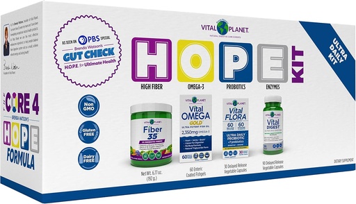 [BRSRMAIBCEIBEELH] Vital Planet – Gut Check Hope Formula Kit by Brenda Watson - 4 Product Package with Ultra Daily Probiotic 30 Cap, Fiber 35 Powder 6.7oz, Vital Omega Oil 60 Softgels, and Digestive Enzyme 90 Cap