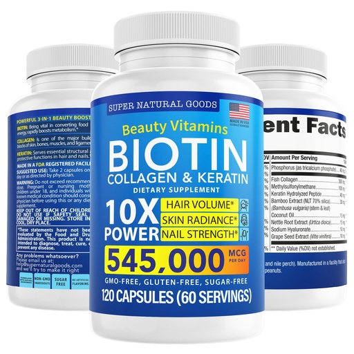 [BRSW2HQ2B4CRE33A] Biotin and Collagen Vitamins + Keratin with Folate - Hair Loss Treatments for Women & Men - Follicle, Skin and Nail Supplements for Hair Growth & Postpartum Support - GMO Free & Gluten Free (120 Caps)