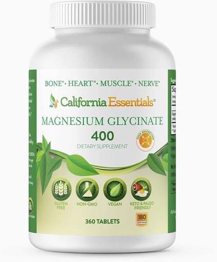[BRSW2AAHA4FBOAY6] California Essentials Magnesio Glycinate 400 - Chelated, Magnesio Elemental de Alta Absorción para alivio muscular, soporte de ósos e corazón -Vegan, Non-GMO, Gluten-Free (360 Counts)