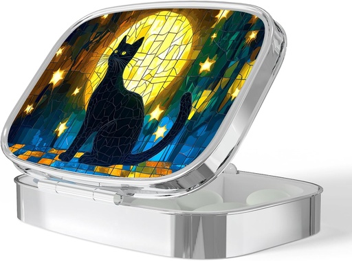 [BRSRAGL4BEBAMF32] Pill Box-2 Compartment Малък калъф за хапчета Преносими за джобни и чанти Единичен контейнер за хапчета хапчета за задържане Витамини Медикаменти Рибено масло и добавки BPA-Free(Moon Cat)