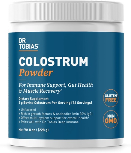 [BRSRA2QYCB6QYHI3] Dr. Tobias Colostrum Powder, Premium Bovine Colostrum Supplement for Immune Support, Gut Health & Muscle Recovery, 3g Per Serving, Минимум 30% IgG, Unflavored, 8 унций, 76 Servings