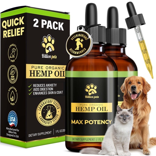 [BRSW2AIPOANRYADL] Billion Pets - Hemp Oil for Dogs and Cats - Helps with Anxiety, Pain, Stress, Sleep, Arthritis, Seizures Relief - Hip and Joint Support - Calming Drops