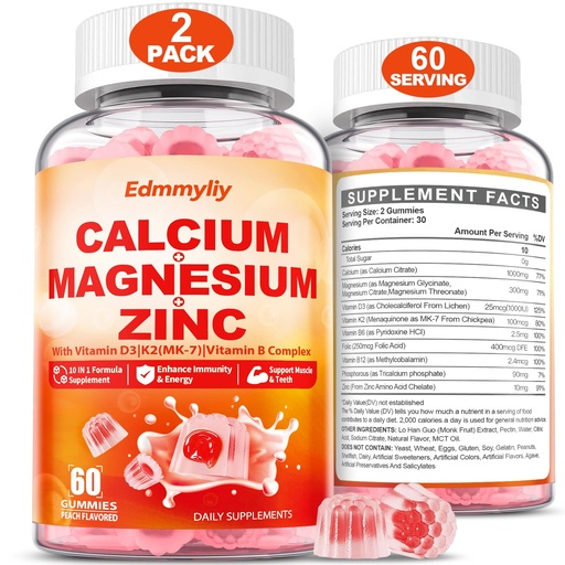 [BRSRAZITB4FAMG35] Calcium Magnesium Zinc Supplement Gummies with Vitamin D3 K2 & B Complex for Women Men 1000mg Calcium Citrate with Magnesium Gummies for Bone, Muscles & Immune Support, Sugar Free, Vegan