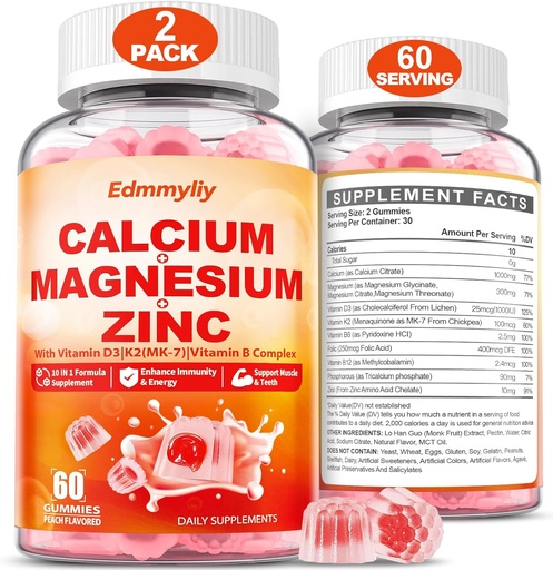 [BRSRAZITB4FAMG35] Calcium Magnesium Zinc Supplement Gummies with Vitamin D3 K2 & B Complex for Women Men 1000mg Calcium Citrate with Magnesium Gummies for Bone, Muscles & Immune Support, Sugar Free, Vegan