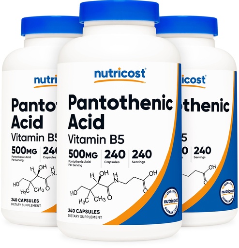 [BRSWKGYOON7BGYLU] Nutricost Pantothenic Acid (Vitamin B5) 500mg, 240 Capsules (3 Bottles)