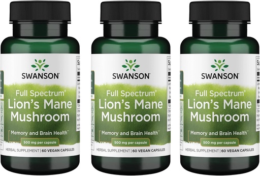 [BRSWGZIDOIBAAF3X] Swanson Lion's Mane Mushroom - Traditional Brain Booster Supplement Made from Hericium Erinaceus (60 Capsules, 500mg Each) 3 Pack