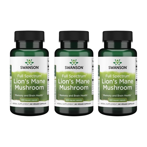 [BRSWGZIDOIBAAF3X] Swanson Lion's Mane Mushroom Brain Health Supplement for Professionals Seeking Mental Focus, Memory, and Clarity Support - 500 mg (60 Vegan Capsules, 4 Bottles, 3 Pack)
