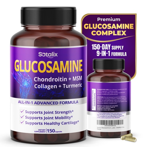 [BRSROGT3CV4AECYU] Sotalix Glucosamine 650mg – All-in-1 Joint Support with Chondroitin, MSM, Collagen, Turmeric, Vitamin D3 & Hyaluronic Acid – 150 Capsules – Shellfish-Free