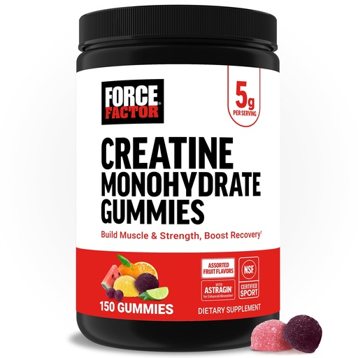[BRSRAAY7BN7QMCQZ] Force Factor Creatine Monohydrate Gummies, NSF Certified, 5g Dose for Men & Women to Support Muscle, Strength, Recovery, Cognitive Health & Memory, Assorted Fruit Flavors, 150 Gummies