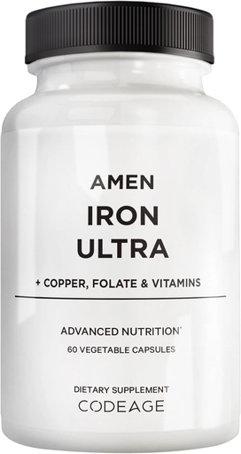 [BRSROZYZBNYGGGQZ] Amen Iron Ultra תוסף + Copper, Folate, ויטמין C ו- B12-2-Month Supply היצע - פרous Sulfate Iron ויטמין - 65mg Per Serve - Folic Acid - Non-GMO Pills - 60 קפסולות