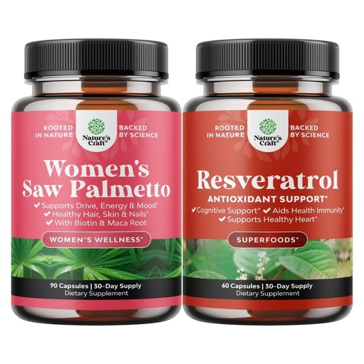 [BRSRMAAYPIPW2E3X] Bundle of Women's Saw Palmetto and Resveratrol Supplement - Saw Palmetto Extract Capsules with Maca Root & Biotin for Hair Loss and AMPK Metabolic Activator for Metabolism Boost & Cellular Efficiency