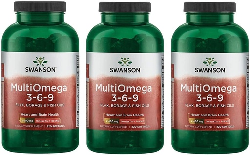 [BRSWGFD3BYFAAA3B] Swanson MultiOmega 3-6-9 - Non-GMO Flax Oil, Borage Oil, '&' Fish Oil Capsules - Essential Fatty Acids Supporting Cardiovascular Health '&' Brain Health - (220 Softgels, 2400mg Serving) 3 Bottiglie