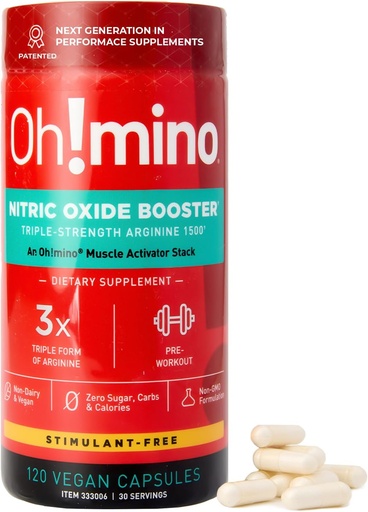 [BRSW2AD2CJYQ4ADU] Oh!mino L-Arginine Nitric Oxide Supplement - Blood Flow Supplement, Nitric Oxide Booster w / Betroot Powder för energi, fokus, uthållighet, muskelbyggnad - Pre & Post Workout (120-Räkna, 30 portioner)