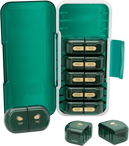 [BRSROFIROUFAIYL2] Weekly Pill Organizer 2 Times a Day, Moisture-Proof, Detachable Compartments, AM PM Pill Box 2X 7 Day, Travel Pill Organizer for Pills/Fish Oil/Medication/Vitamin/Supplements (Dark Green)