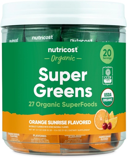 [BRSRAFATBYFAMCDG] Nutricost Organic Super Greens (Orange Sunrise Flavored) 20 Stickpacks - Gluten-Free, Non-GMO