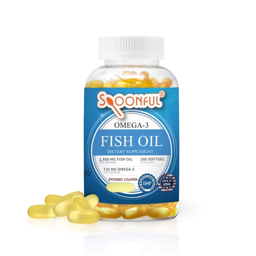 [BRSWGZIZAQMQECD6] Spoonful Omega 3 Fish Oil Enteric Coated 2400mg, 200 Capsules, Burpless, Rapid Release Softgel Capsules, Made in USA, NSF-Certified