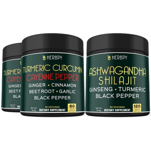 [BRSRA2QODECW2ELP] Herbpy Bundle 7in1 Turmeric Root 1510mg/serving (2pack60 for 60 Servings) & 5in1 Ashwagandha Supplements 1010mg/serving (120 Count 60 Servings)