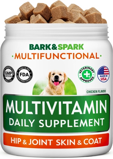 [BRSRM2YBBUAWGELH] BARK&SPARK Dog Multivitamin Chews with Glucosamine, Omega 3 & Probiotics | Chondroitin & Digestive Enzymes - Skin, Coat, Joint & Gut Health Support - Vitamins & Supplements for Dogs - 120 Ct