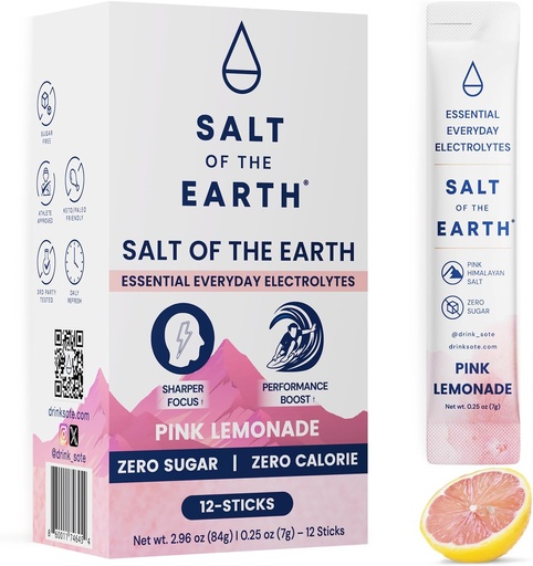[BRSRAZY2AB5BQF3G] Salt of the Earth Premium Zero-Sugar Electrolyte - Realizzato con sale himalayano rosa - Idratazione Powder Packets | Premium Ingredients | Keto & Paleo Friendly | 12 Sticks, Pink Lemonade