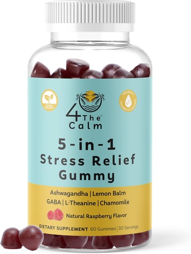 [BRSRMAQ5BMBWCD35] 4TheCalm 5in1 Stress Relief Supplement Gummy – GABA, Lemon Balm, L-Theanine, Chamomile, Ashwagandha – Stress Relief Gummies (Natural Raspberry Flavor, 60 Gummies)