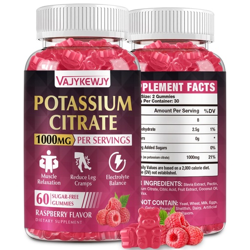 [BRSRAHACAEJQOEL4] Potassium Citrate Gummies, High Potassium Supplement (1000mg), Supports Leg Cramps & Muscle Health, Suitable for Adults & Kids, Vegan, Non-GMO, 60-Count