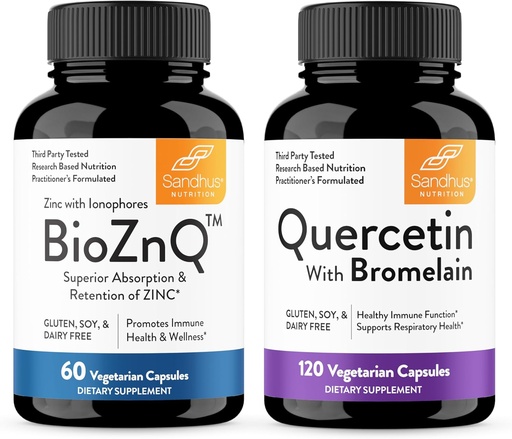 [BRSROCD6OYJRODT4] Sandhu's Zinc Supplement with Ionophores with Superior Absorption & Quercetin with Bromelain 1000mg Per Serving Bioflavonoids Supplement Complex| Supports Immune & Respiratory Health