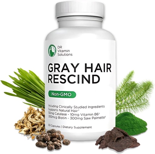 [BRSWI2QDOUABMC34] DR Vitamin Solutions Gray Hair Rescind with Cataline - Antiaging Hair, Skin and Nails Vitamin, Pantothenic Acid, Folic Acid 400mcg, Biotin 300mcg, Saw Palmetto for Men and Women