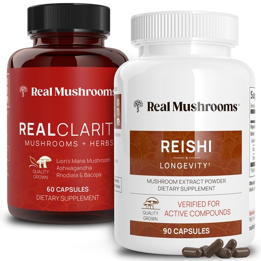 [BRSW2AD6CIGQ4YIU] Real Mushrooms RealClarity (60ct) and Reishi (90ct) Capsules Bundle - Mushroom Supplement for Mental Clarity, Focus, Relaxation, Sleep & Longevity - Vegan, Non-GMO, Verified Levels of Beta-Glucans