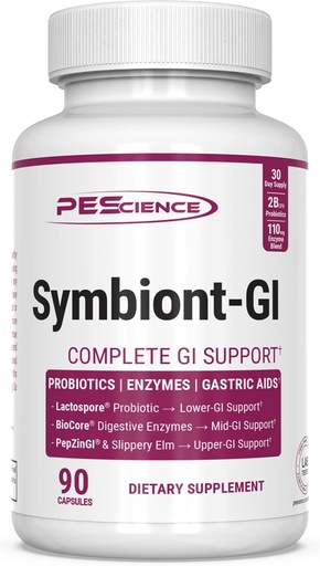 [BRSWG2YQCQBRA3LK] PEScience Symbiont-GI, Zinc Carnosine Pepzin GI eta Shelf Stable Probiotiko kapsulak, Emakume eta Gizonentzako Osagarri Digestiboa, Slippery Elm Bark-ekin, 30 eguneko hornidura