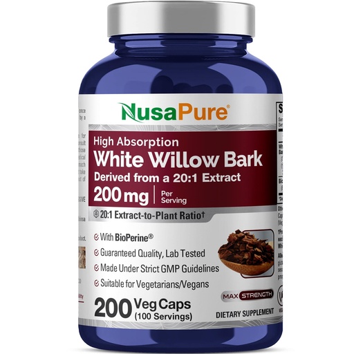 [BRSROAD7DIMWO33G] White Willow Bark, Non-GMO, Vegan, 200mg, 200 Veg Capsules - 100 Servings | Salix Alba L Bark 20:1 Extract, Herbal Formula, Suitable for Adults, Manufactured in a cGMP Registered Facility USA