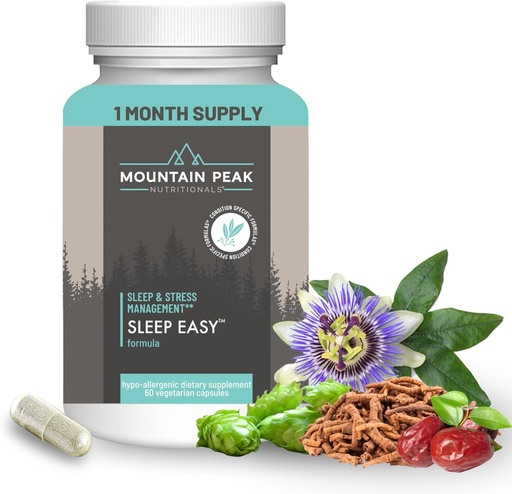 [BRSRMHQEBENGK23H] Mountain Peak Nutritionals Sleep Easy - Sleep Support Supplement Promoting A Relaxed & Calm Mood - 5-HTP, Amino Acids, Melatonin, & Magnesium - Hypoallergenic Dietary Supplement (60 Capsules)
