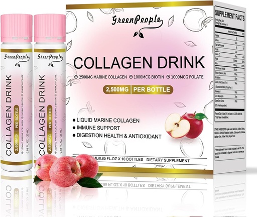 [BRSRA2QLAAARYG3V] GREENPEOPLE Liquid Collagen for Women & Men, Fish Collagen Peptides + Hyaluronic Acid + Vitamin Bs & C, Hair Skin Nails Joints Bones Support (0.85 fl oz, 10 Bottles, Apple)