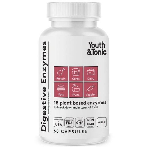 [BRSROAQEAECGEDLU] Youth & Tonic Digestive Enzymes with Amylase Bromelain Lipase Lactase Protease Papain - Advanced Digestion Plant Enzymes for Food Breakdown Gas Bloating Gut Health - Women & Men - 60 Vegetable Pills