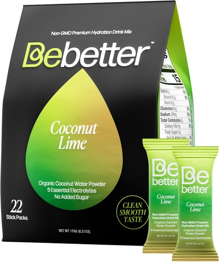 [BRSROGQ6BANGMGQ3] Bebetter Organic Electrolytes Powder Packets | Daily Electrolyte Drink Mix | Organic Coconut Water | No Artificial Flavors | Sugar Free Hydration Packets | Non-GMO | 22 Sticks Pack (Coconut and Lime)