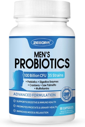[BRSROYYLDIBRQ2TJ] ZEBORA Probiotics for Men 100 Billion CFU - Probiotics for Digestive Health, Men's Probiotic Supplement, Prebiotics & Enzymes, for Prostate Health with Saw Palmetto | 90 Veg Capsules