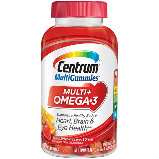 [BRSWECQLCQDR6AD3] Centrum MultiGummies Omega 3 Gummy Multivitamin for Adults, Multivitamin/Multimineral Supplement, Strawberry/Lemon/Orange Flavors - 100 Count