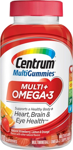 [BRSWECQLCQDR6AD3] Centrum MultiGummies Omega 3 Gummy Multivitamin pro dospělé, Multivitamin / Multiminerální doplněk, Jahoda / Lemon / Orange Flavors - 100 Počet