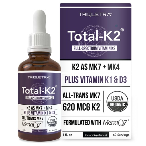 [BRSRAEA3BAPAE23D] Total K2® | Vitamin K2 as MK7 & MK4 | Plus K1 & Vitamin D3 Cofactor - 620 mcg K2 per Serving - All-Trans MK7 from MenaQ7® - Full-Spectrum Vitamin K - Vegan, Organic Certified (Liquid 1 oz)