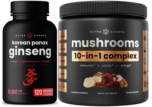 [BRSRAEARDJYAG2A6] NutraChamps 10-in-1 Mushrooms Powder & Ginseng - Ultimate Energy, Stamina & Cognition Support Bundle.