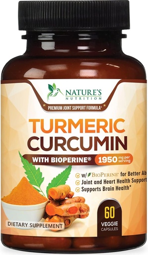 [BRSWKHALAJYRAA3L] Turmeric Curcumin Supplement 1950mg - 95% Curcuminoids with Organic Turmeric & BioPerine Black Pepper Extract for Best Absorption, Nature's Vegan Joint Support, Non-GMO, Bottled in USA - 60 Capsules