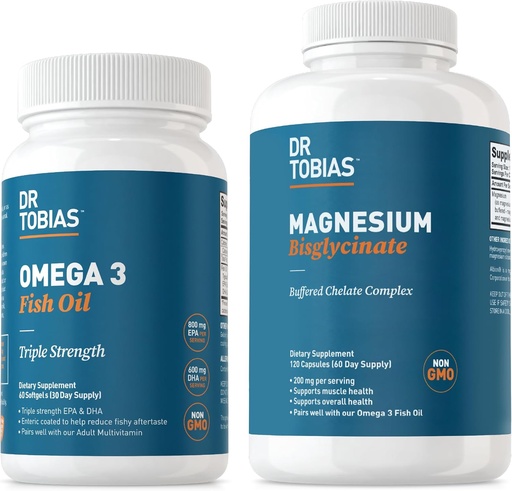 [BRSROCAZPIFGCFD7] Dr. Tobias Omega 3 Fiskeolje & Magnesium Bisglykinat kosttilskudd, høy absorpsjon, støtter hjerte, hjerne, immune, energi, muskel, bein og felles helse, ikke-GMO