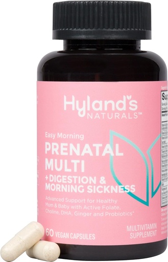 [BRSROEAZPIMBGHTX] Hyland's Easy Morning Prenatal Multivitamin and Digestive Health and Morning Sickness Relief, 60 Vegan Capsules with Folate, Choline, Zinc, Ginger Root, Prebiotics and Algae DHA