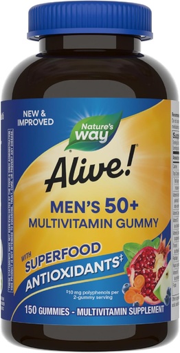 [BRSW2BAKBAPQECY7] Nature’s Way Alive Men’s 50+ Daily Gummy Multivitamins, Поддерживает Здоровый Мозг, Глаза, Сердце*, В-витамины, Безглютеновые, Фруктовые Ароматы, 150 Гамми (Упаковка Май Вары)