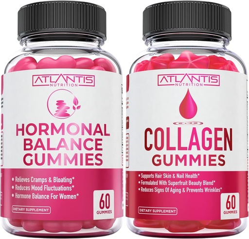 [BRSROZTYOYPBOCQV] Atlantis Nutrición Saldo hormonal PMS Alivio 60 Gummies + Collagen 60 Gummies
