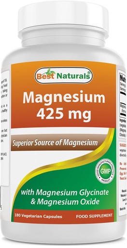 [BRSWGATYOYFGYHLX] Best Naturals Magnesium 425 mg 180 Veggie Capsules - High Absorption Magnesium Glycinate & Magnesium Oxide Chelated, Non-GMO, Gluten Free Muscle Relax (180 Count (Pack of 1))