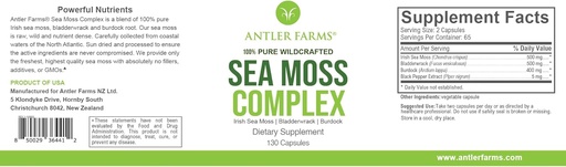 [BRSRMBIZDJ4GMCTJ] Antler Farms - 100 % 순수한 바다 Moss Complex, 130 캡슐, Wildcrafted Irish Sea Moss, Bladderwrack 및 Burdock Root - 웰빙, Vegan-Friendly, 글루텐, Soy 및 Dairy 무료